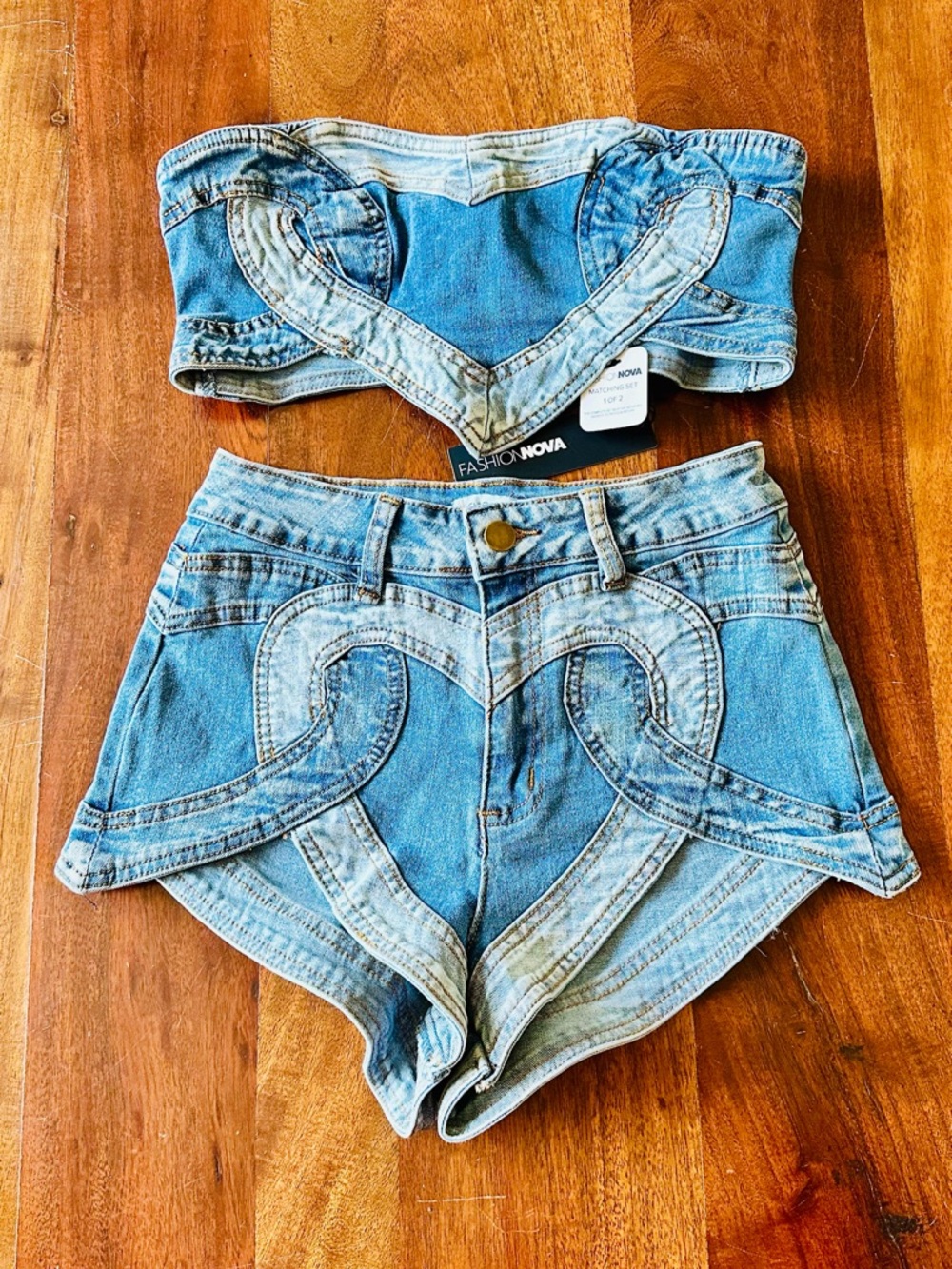Fashion Nova I Heart You Two-Piece Strapless Denim Crop Top & Shorts Set